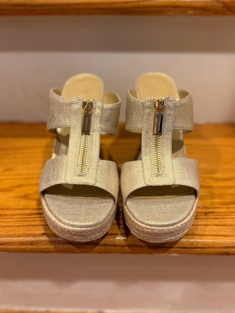 MICHAEL Michael Kors Natural Beige Espadrille Wedge Sandals with Front Zip